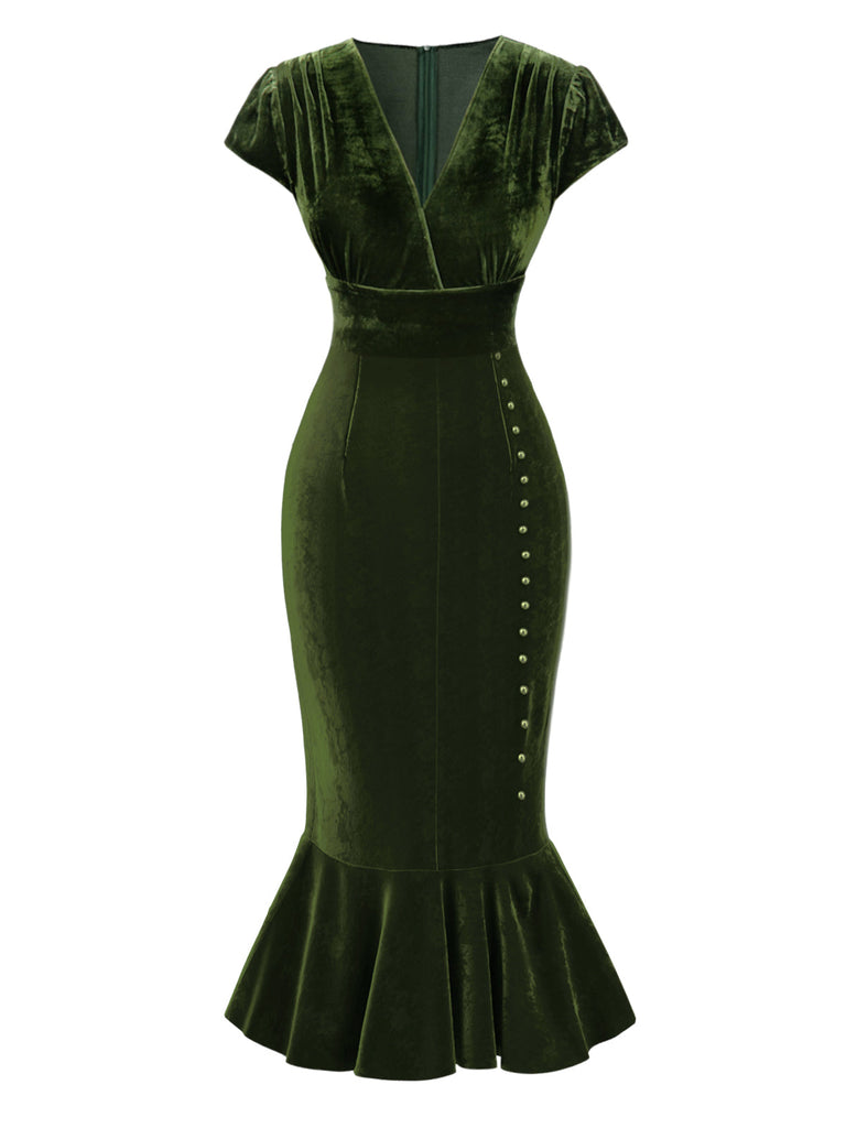 Robe de sirène en velours vert à col en V et boutons des années 1930