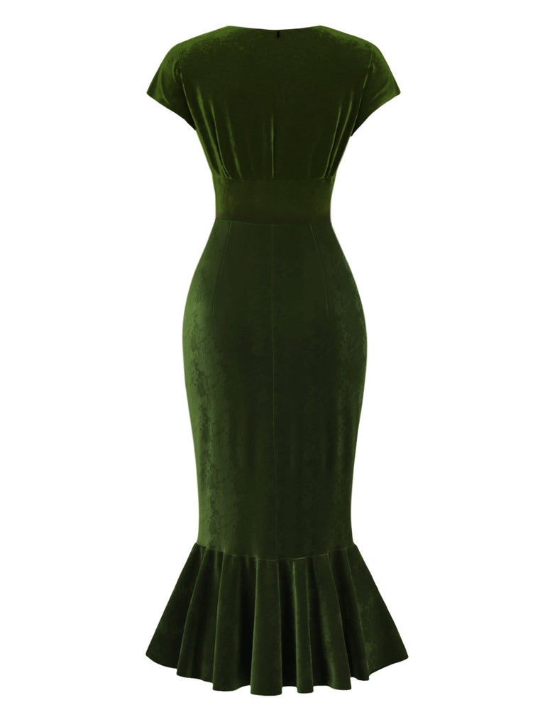 Robe de sirène en velours vert à col en V et boutons des années 1930
