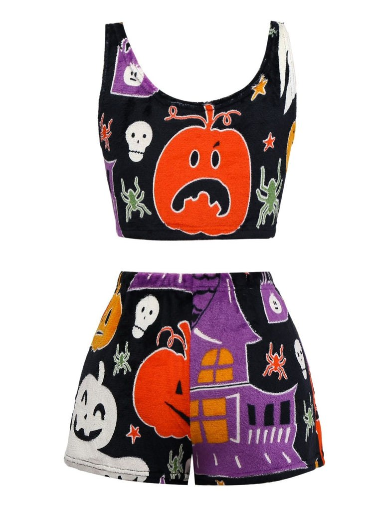 2PCS Pyjama en flanelle noire à motif fantôme d'Halloween des années 1970