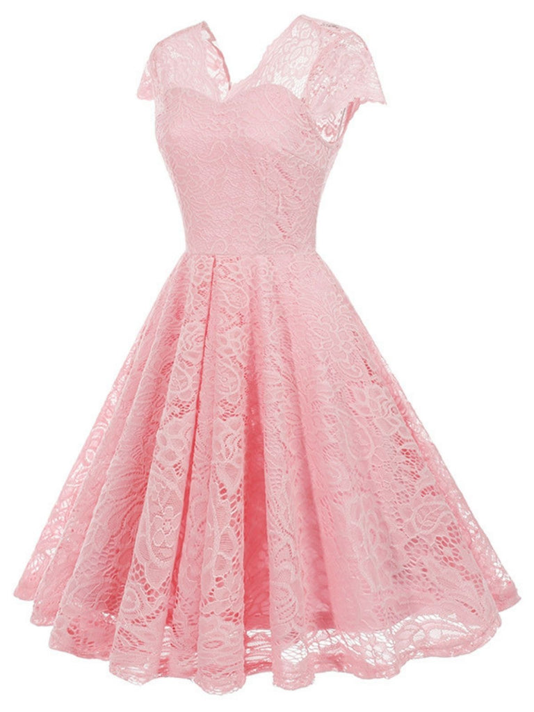 Robe en dentelle unie à col en V et sans manches années 1950