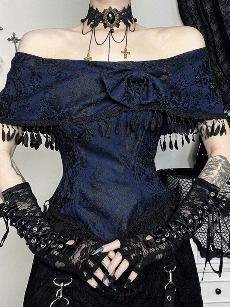 Haut bleu foncé épaules dénudées et pompons en dentelle des années 1930