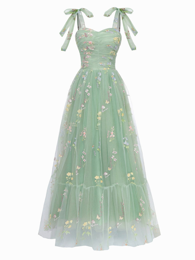 Robe verte en maille fleurie brodée à épaules dénudées des années 1930