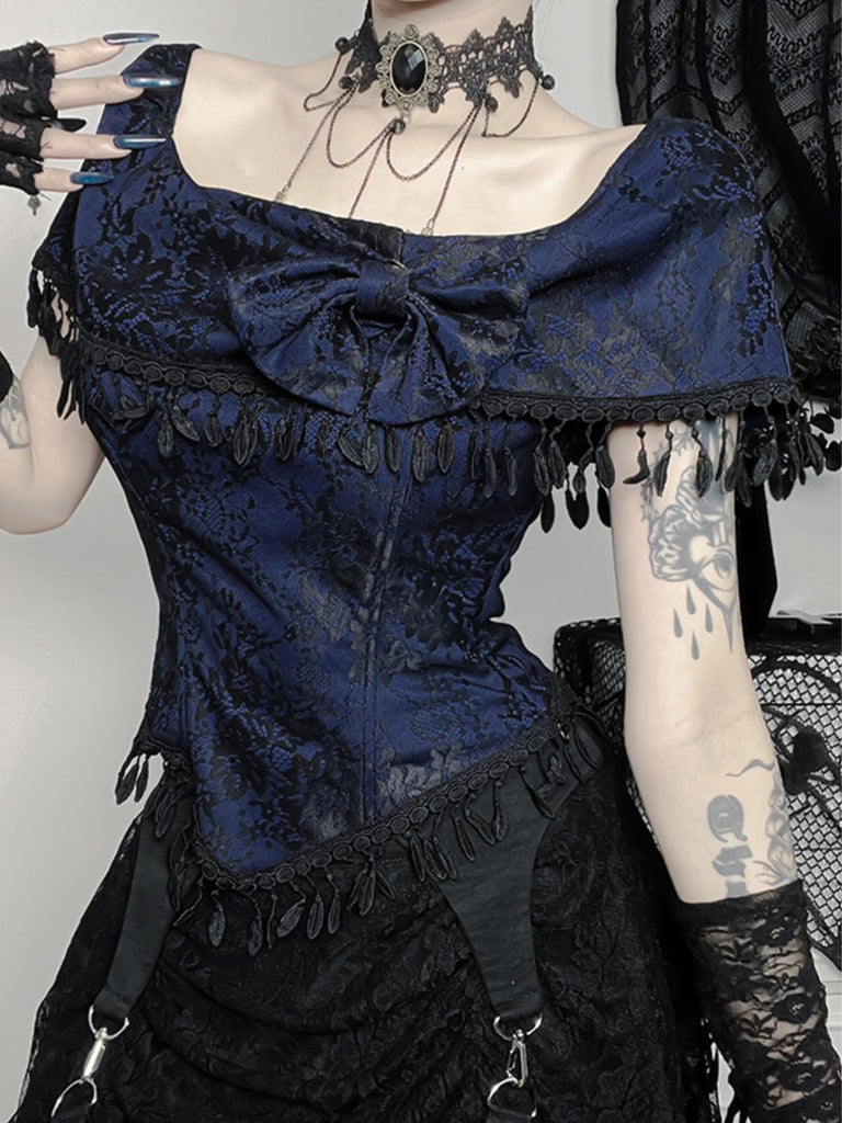 Haut bleu foncé épaules dénudées et pompons en dentelle des années 1930