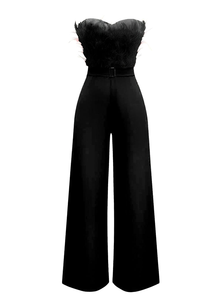 Combinaison sans bretelles à plumes et ceinture unie des années 1970