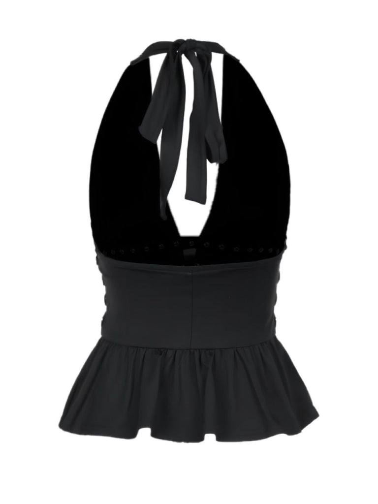 Haut dos nu noir à strass style punk des années 1980