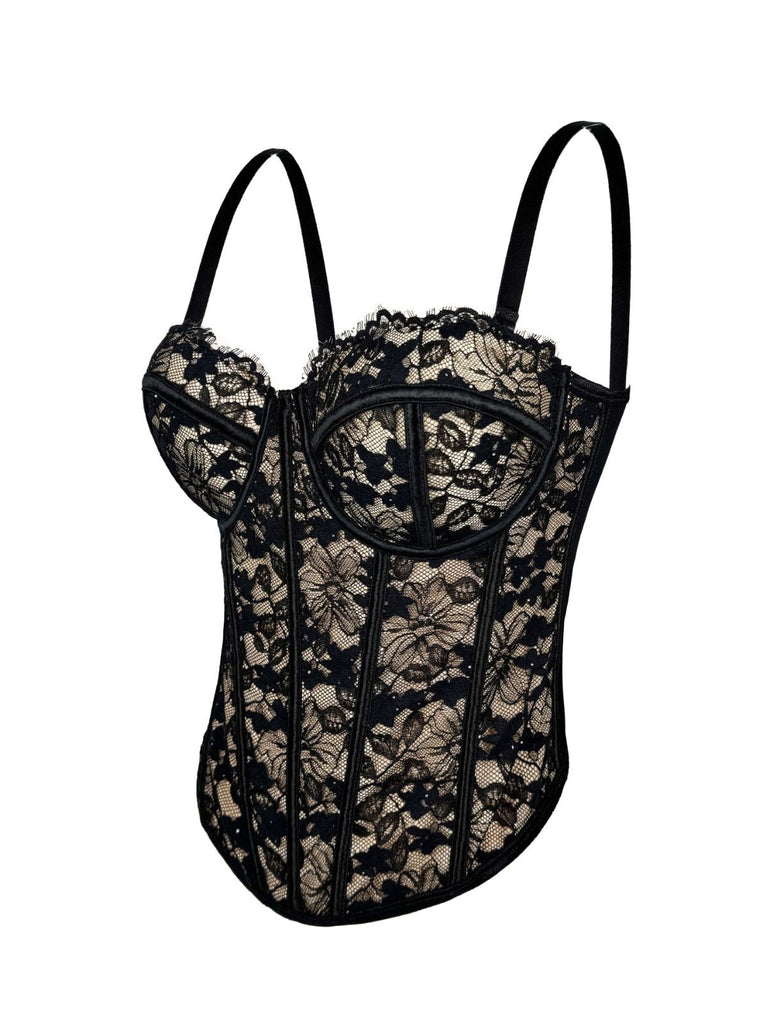 Corset noire fleur à chevrons en dentelle des années 1970