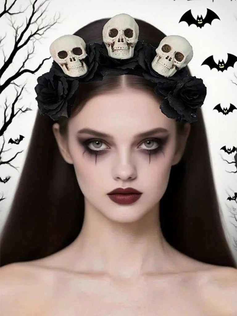 Serre-tête noir Halloween avec tête de mort et roses