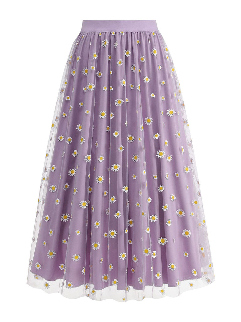 Jupe trapèze taille haute en maille marguerite des années 1940