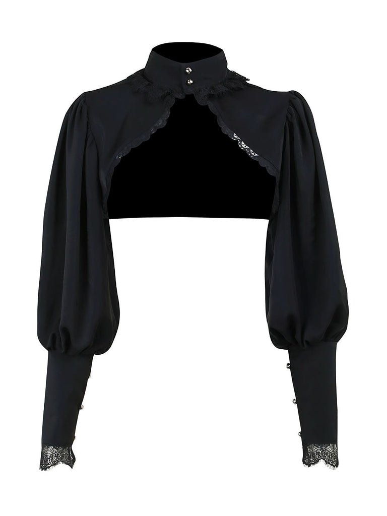 Haut courte noir col montant en dentelle gothique des années 1980