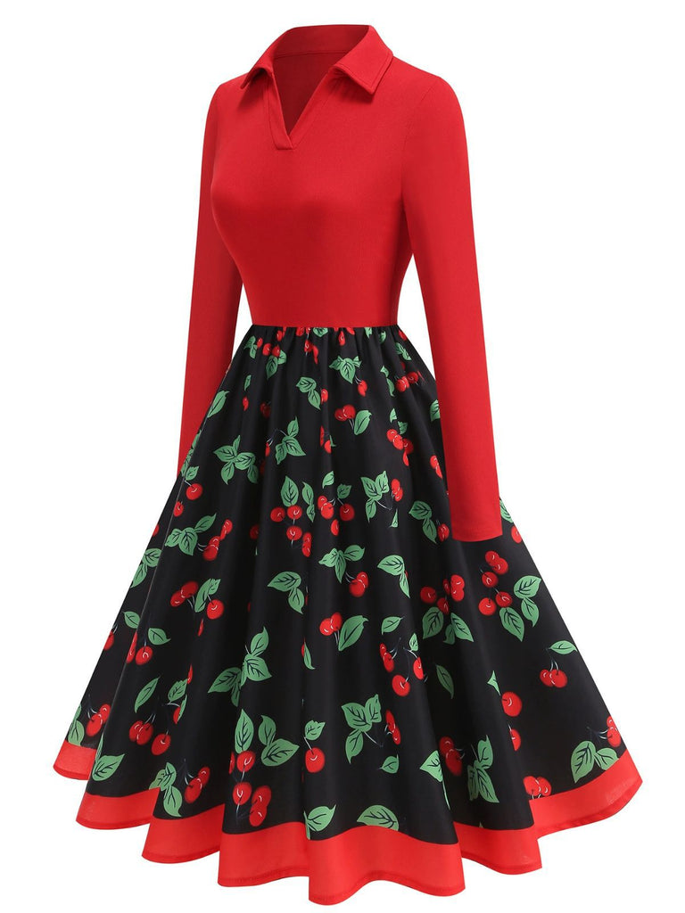 Robe trapèze rouge cerises et à manches longues années 1950