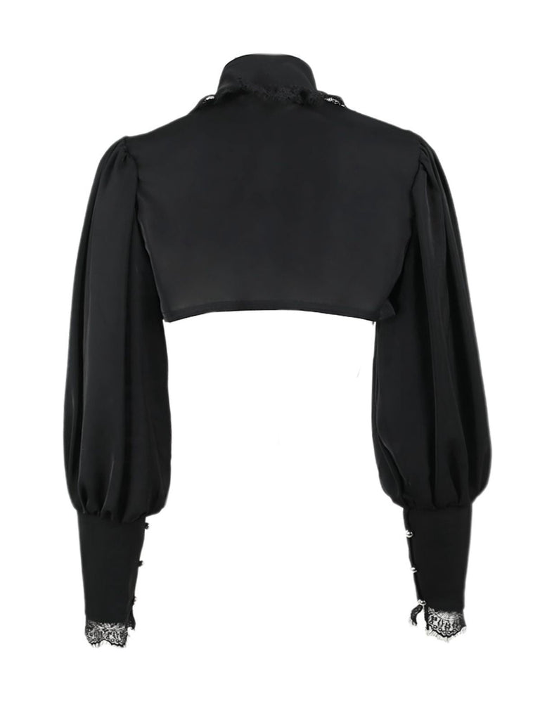 Haut courte noir col montant en dentelle gothique des années 1980