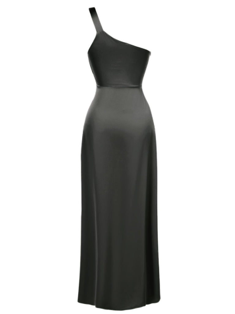 Robe de soirée une épaule en satin uni des années 1940