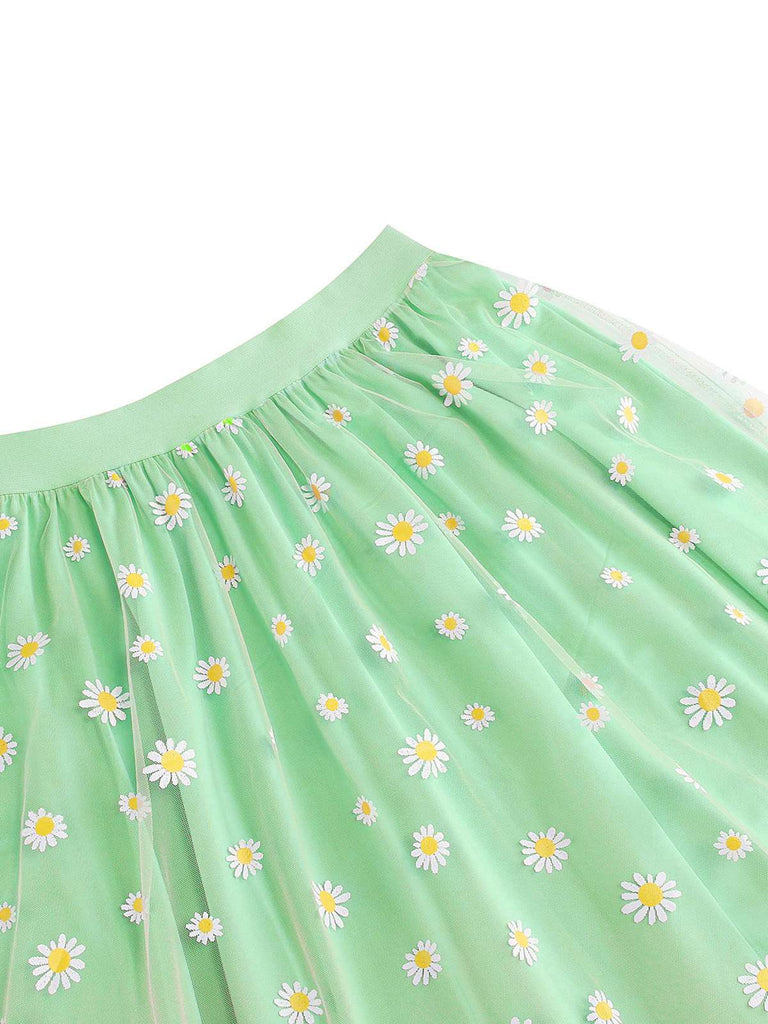 Jupe trapèze taille haute en maille marguerite des années 1940