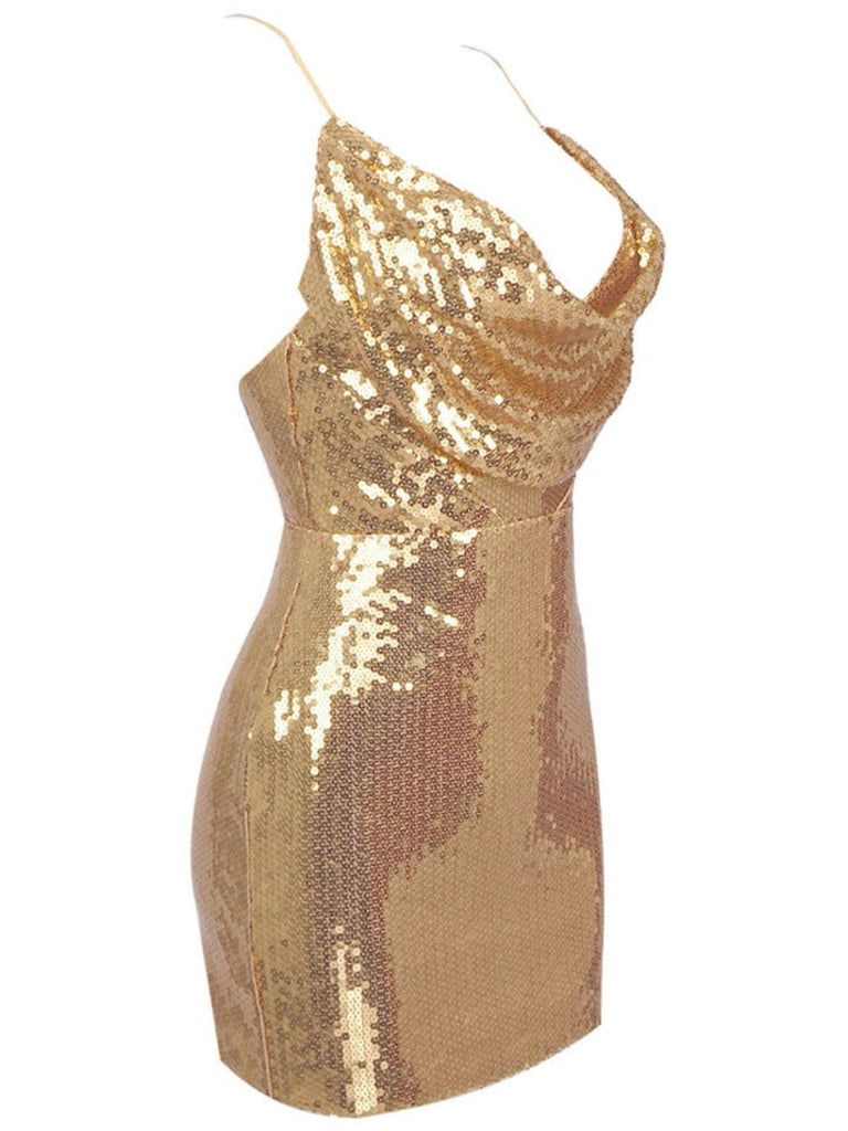 Robe de soirée courte à paillettes dorées années 1970