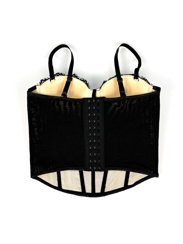 Corset noire fleur à chevrons en dentelle des années 1970