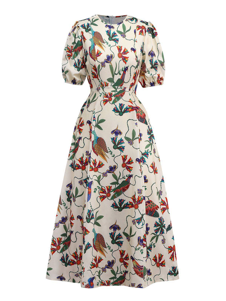 Robe beige fleurs et oiseaux à manches bouffantes années 1940