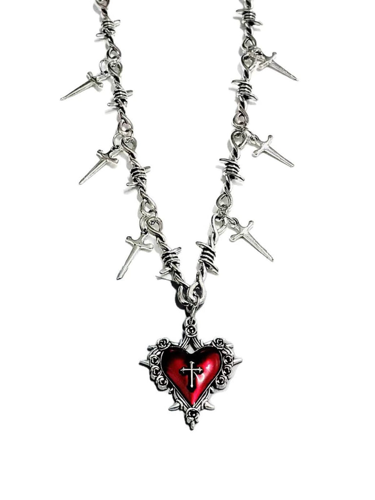 Collier croix cœur vin rouge vintage