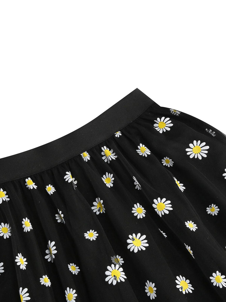 Jupe trapèze taille haute en maille marguerite des années 1940