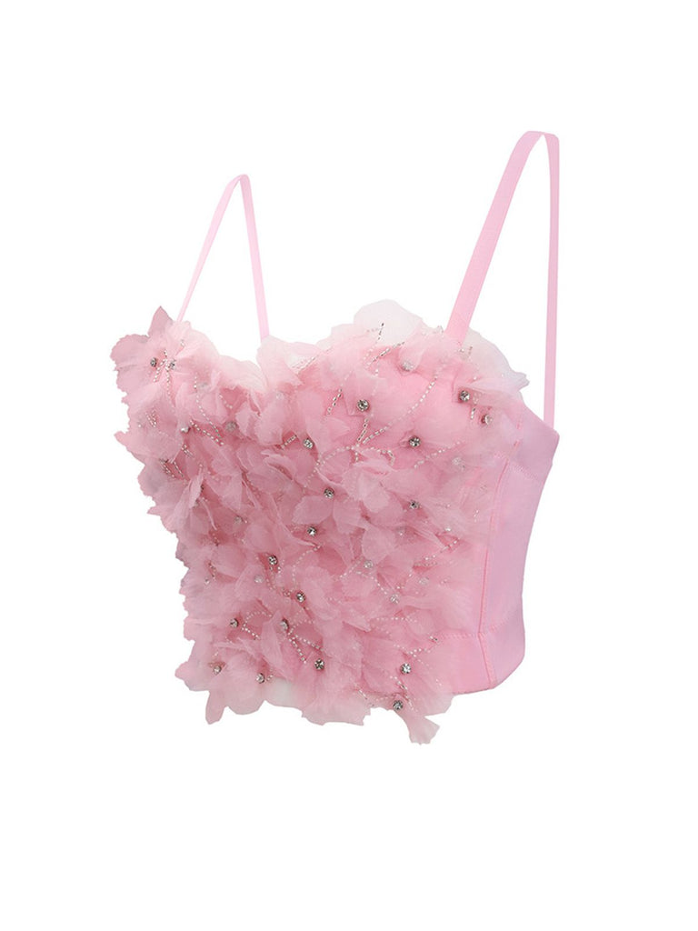 Haut court rose à fleurs 3D et strass des années 1970