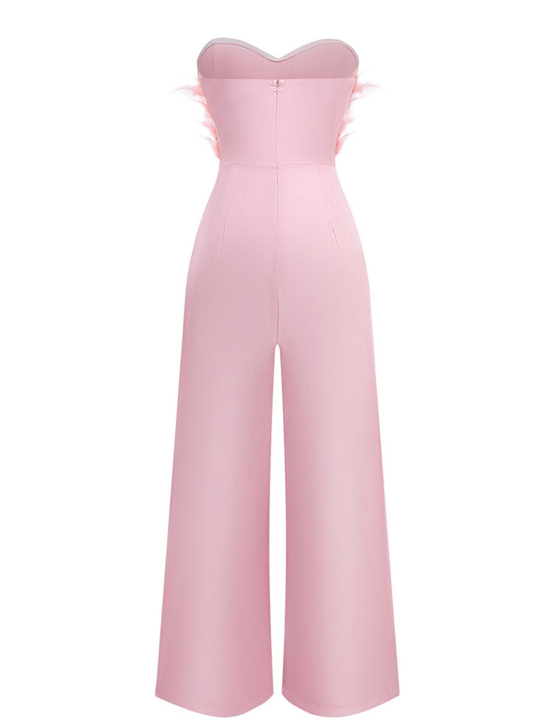 Combinaison sans bretelles à plumes et ceinture unie des années 1970