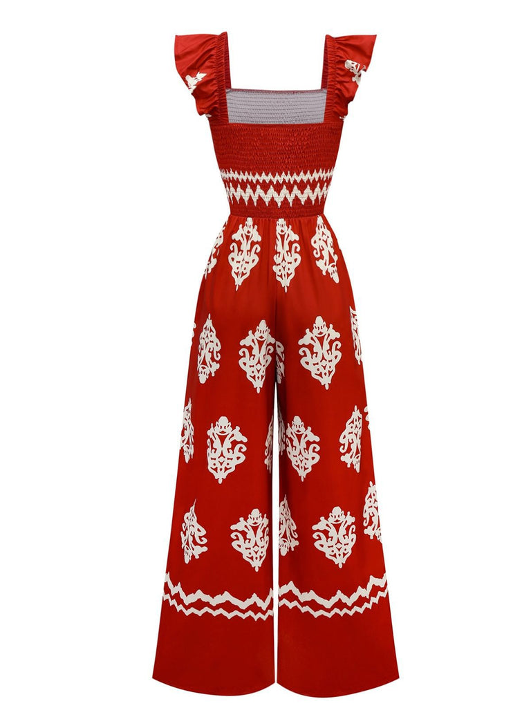 Combinaison col carré imprimé tribal bohème des années 1970