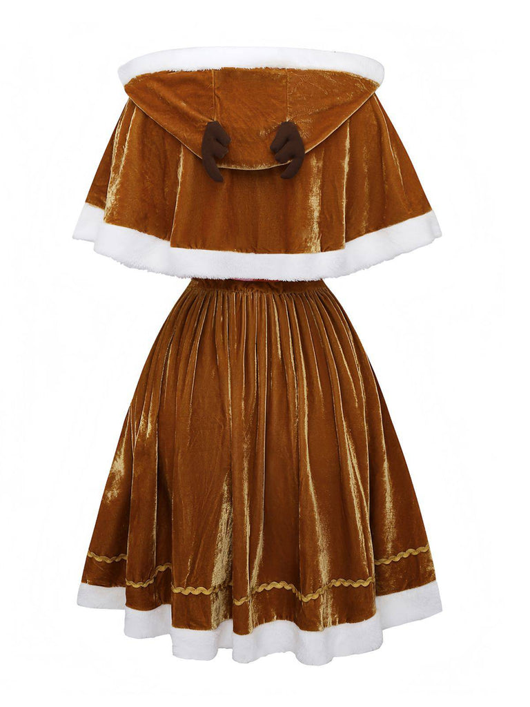 2PCS Cape de Noël marron et robe en velours des années 1940