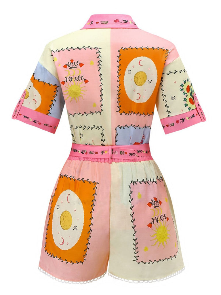 2PCS Chemise et short ceinturé fleuri bohème multicolore des années 1970