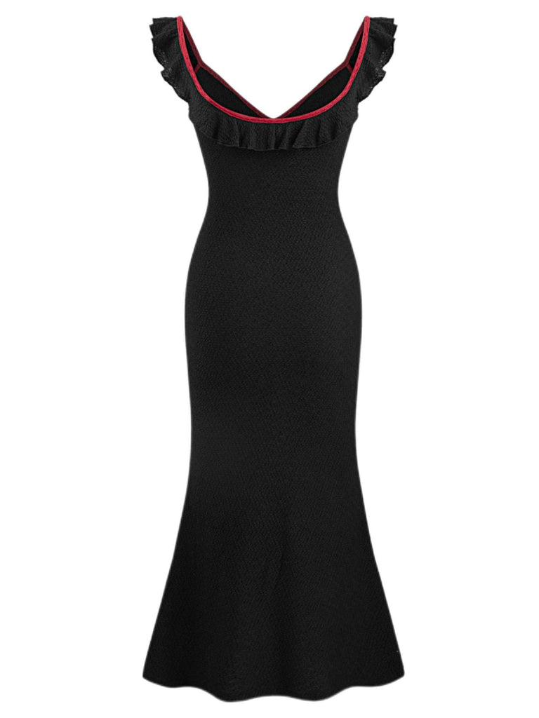 Robe sirène noire en tricot à volants et col en V des années 1930