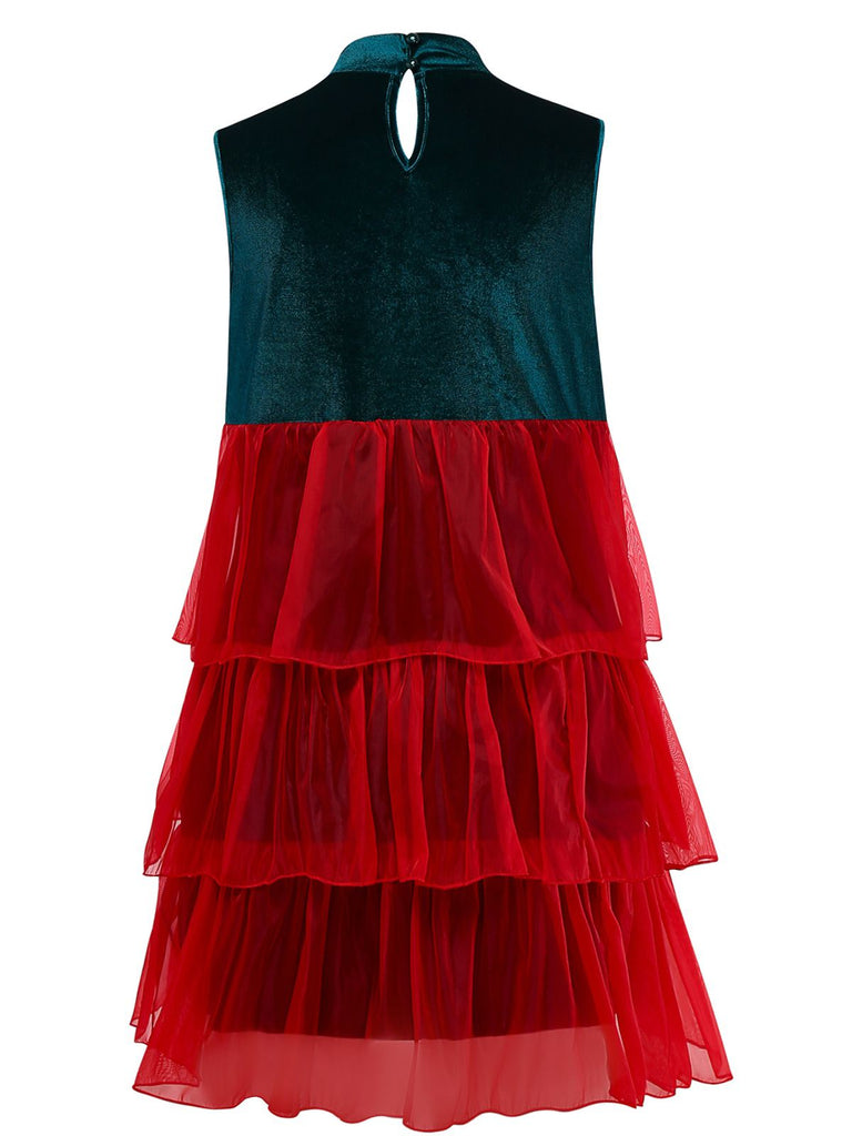 Robe de sapin de Noël en velours et maille patchwork avec nœud des années 1960