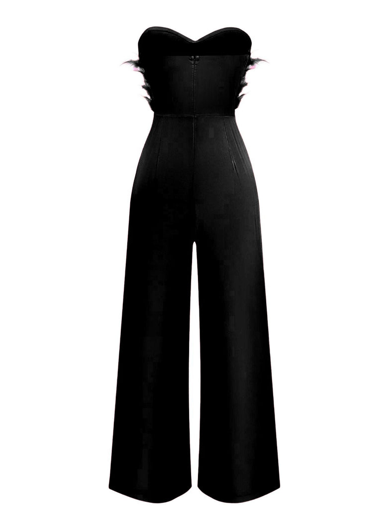 Combinaison sans bretelles à plumes et ceinture unie des années 1970