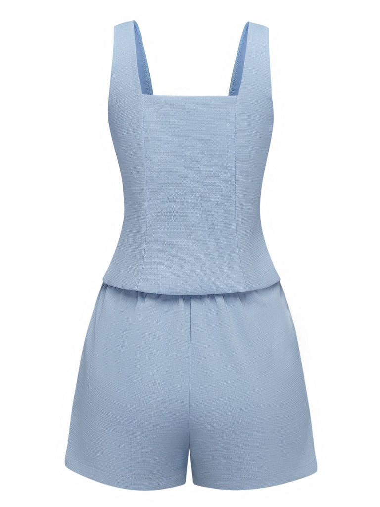 2PCS Haut boutonné à col carré et short bleu uni des années 1960