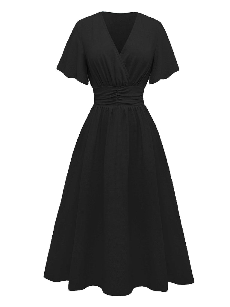 Robe manches volants froncée fendue col V uni des années 1940