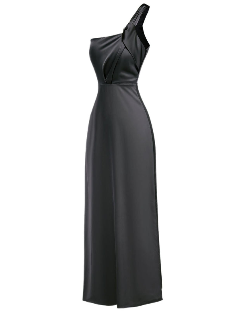 Robe de soirée une épaule en satin uni des années 1940