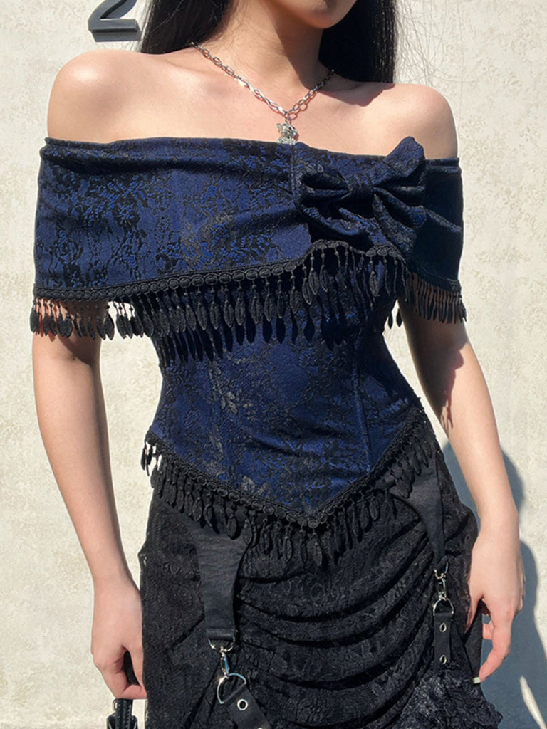 Haut bleu foncé épaules dénudées et pompons en dentelle des années 1930