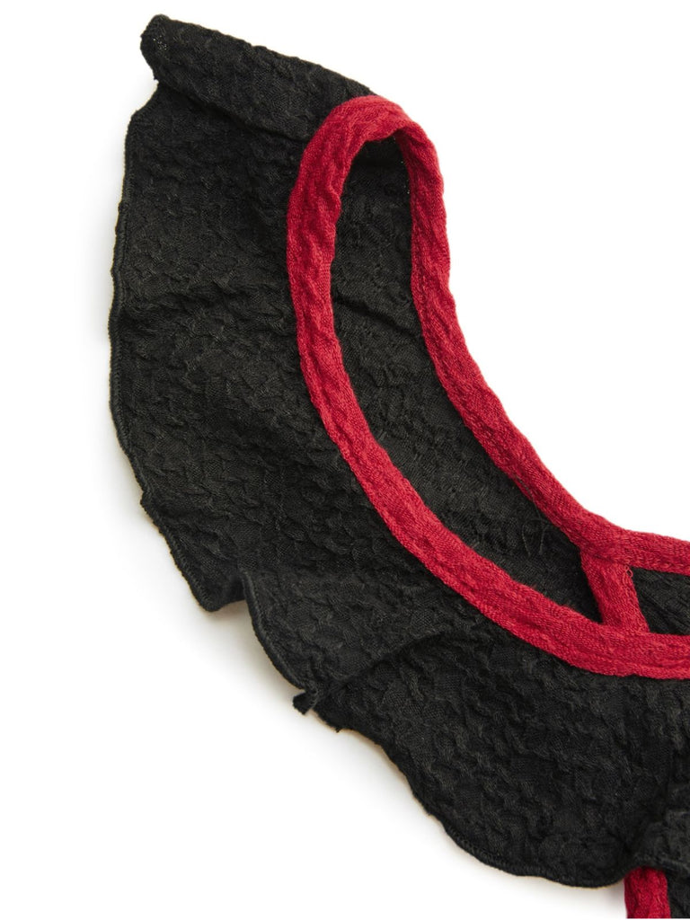 Robe sirène noire en tricot à volants et col en V des années 1930