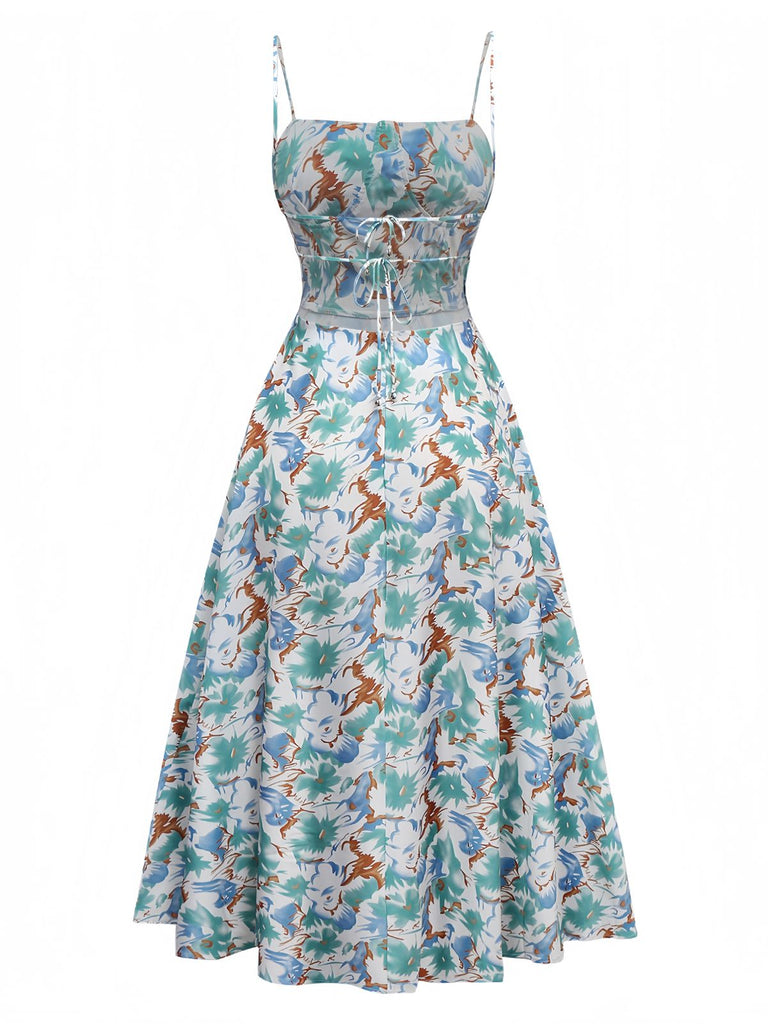 Robe à fleurs à bretelles fente latérale années 1950