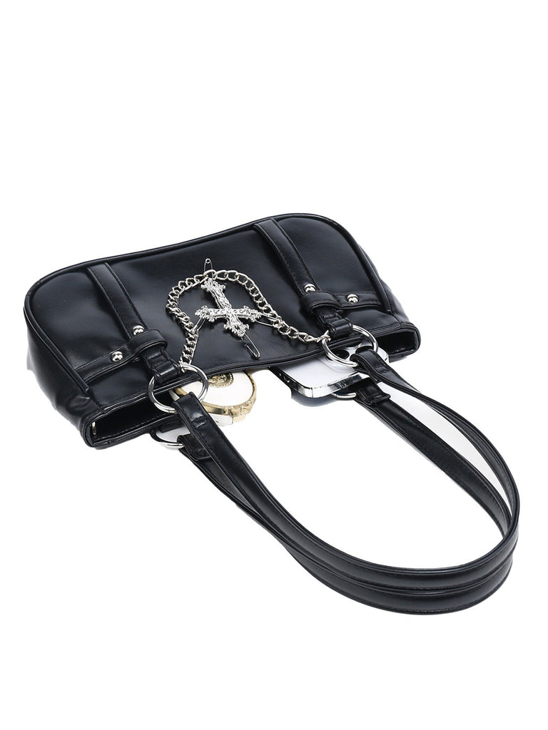 Sac à bandoulière vintage noir avec chaîne croisée