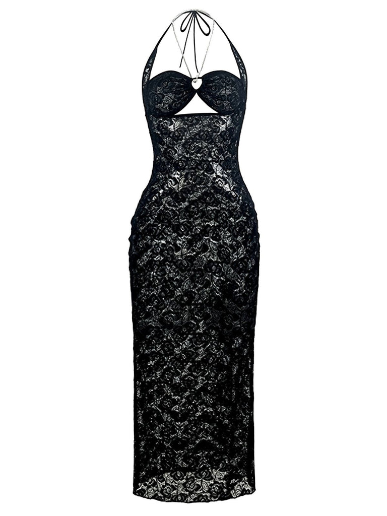 2PCS Ensemble de nuit transparent en dentelle noire des années 1940