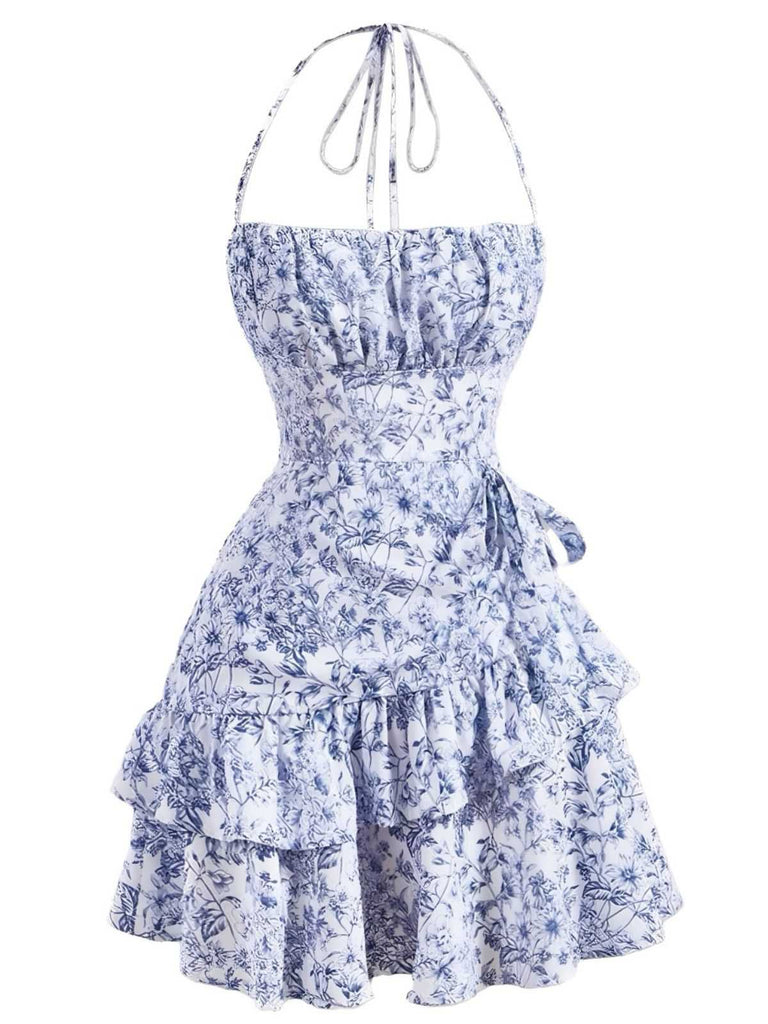 Robe à fleurs en porcelaine à volants et dos nu des années 1970