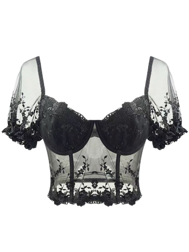 Haut corset en dentelle noir à manches bouffantes des années 1970