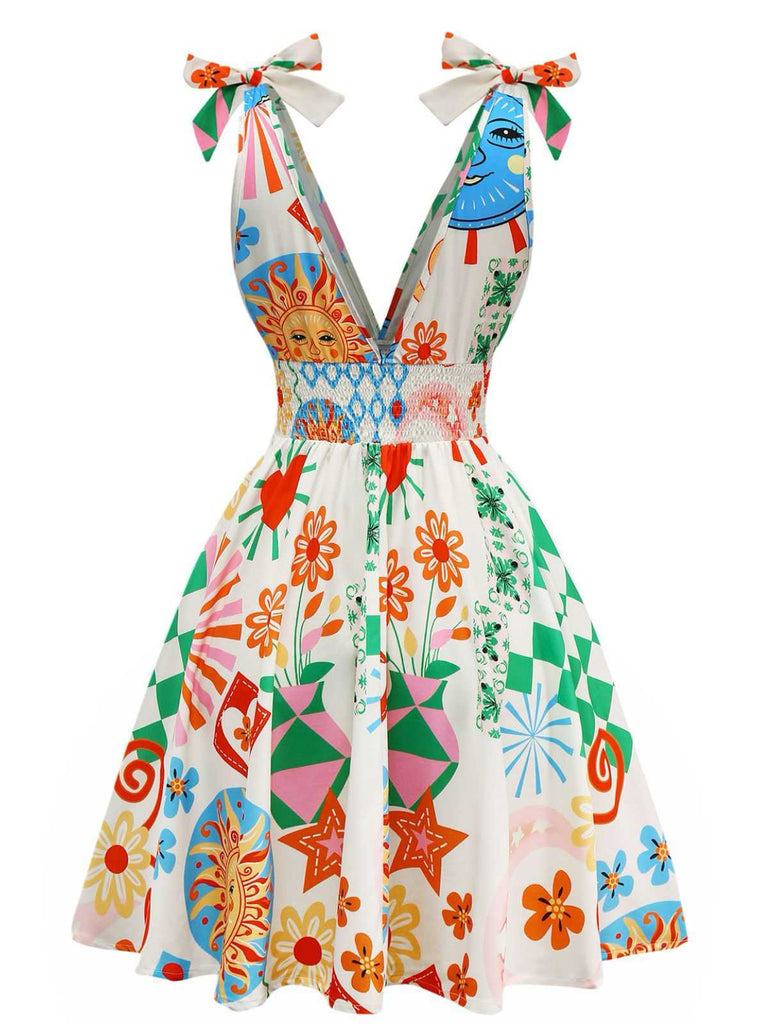 Robe bohème sans manches col en V et smocks des années 1970