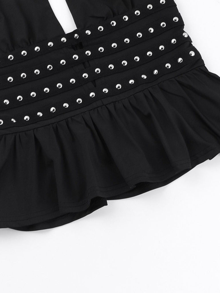 Haut dos nu noir à strass style punk des années 1980