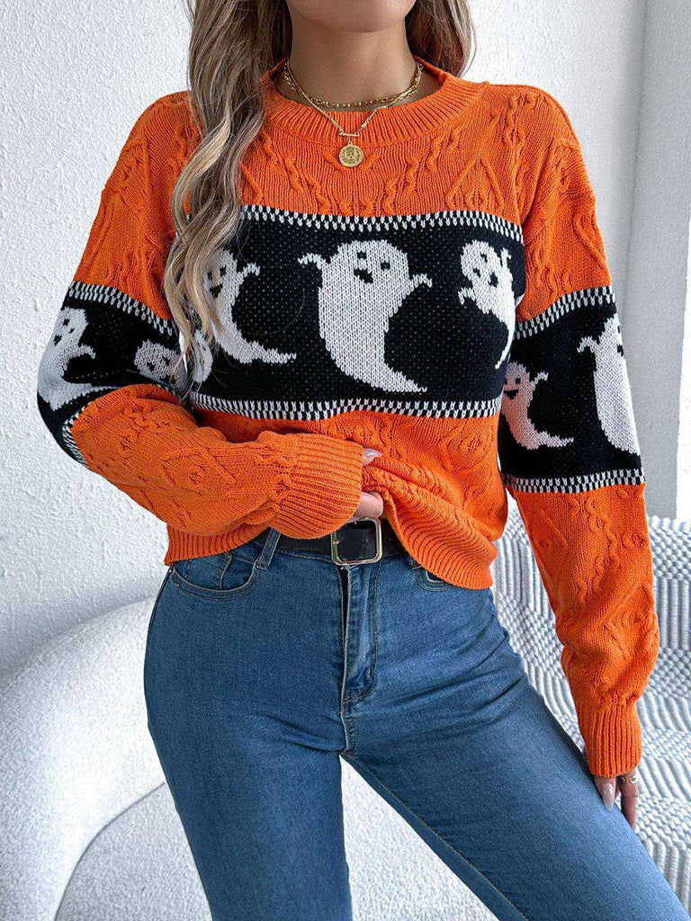 Pull orange en tricot fantôme d'Halloween des années 1940