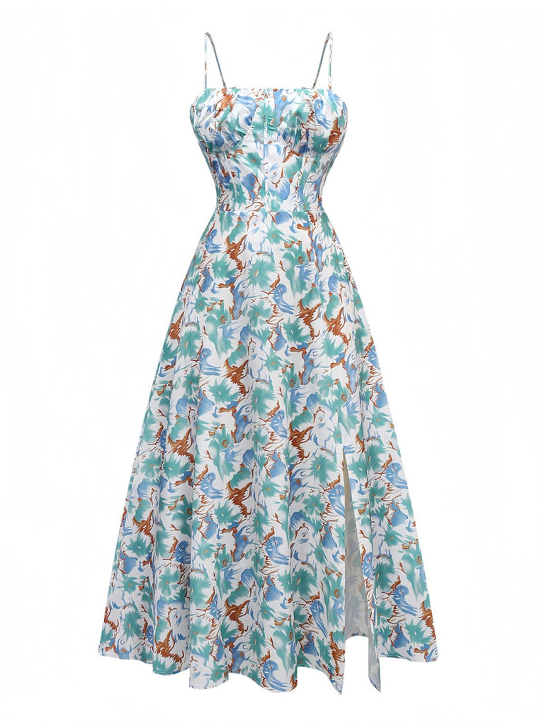 Robe à fleurs à bretelles fente latérale années 1950