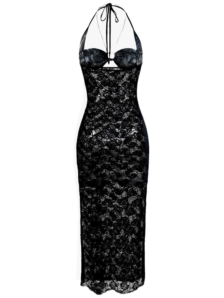 2PCS Ensemble de nuit transparent en dentelle noire des années 1940