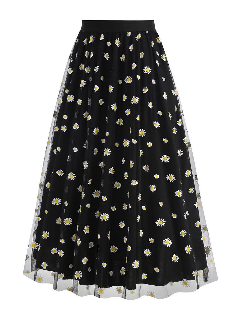 Jupe trapèze taille haute en maille marguerite des années 1940