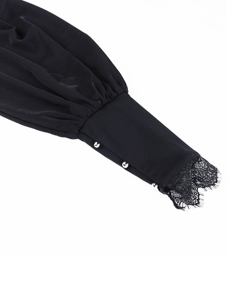 Haut courte noir col montant en dentelle gothique des années 1980