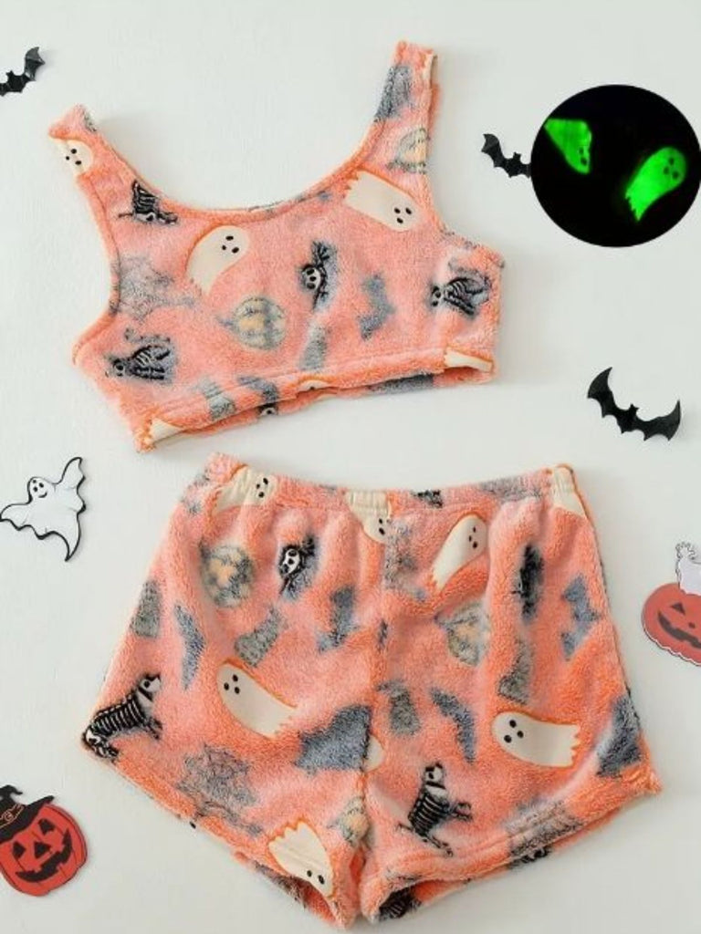 Ensemble pyjama polaire fantôme orange Halloween années 1960