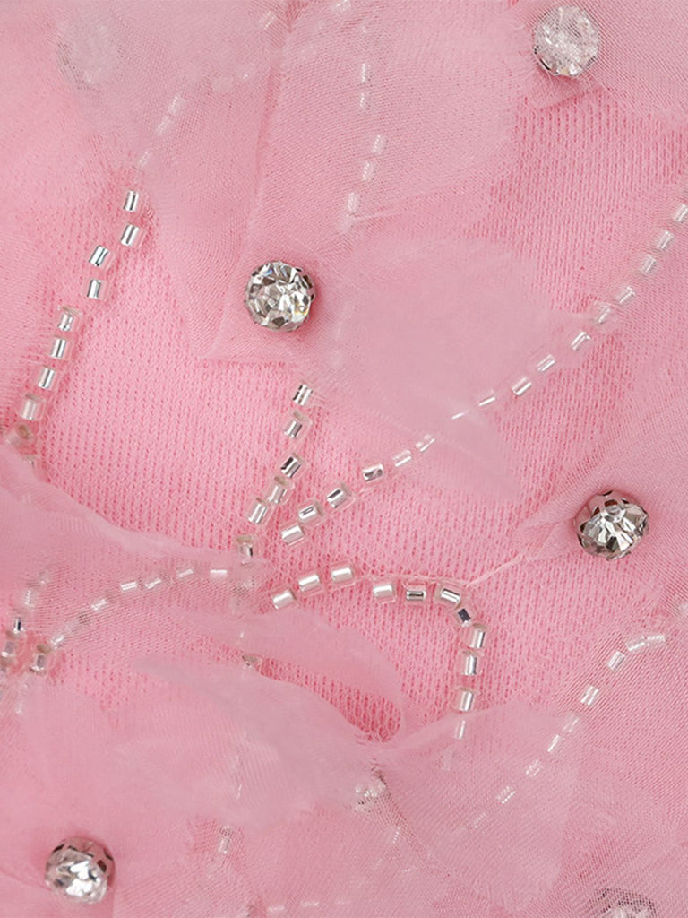 Haut court rose à fleurs 3D et strass des années 1970