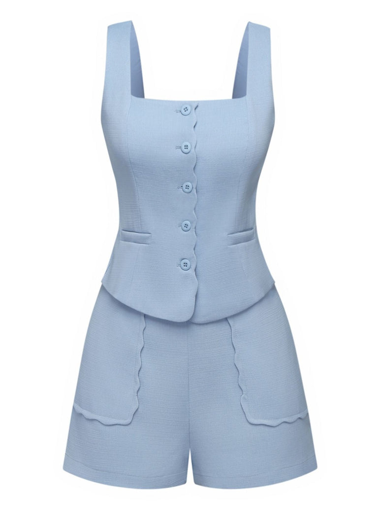 2PCS Haut boutonné à col carré et short bleu uni des années 1960